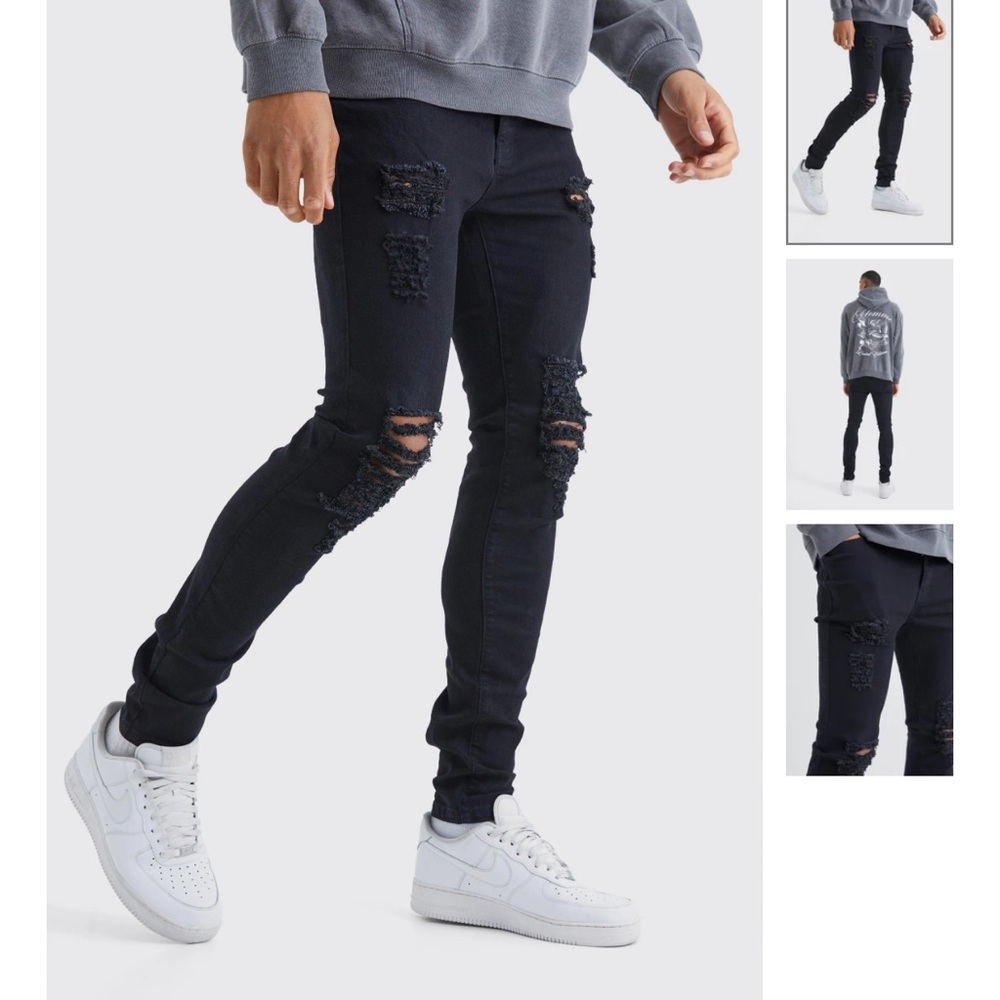 BoohooMAN Men's Skinny Stretch Extreme Knee Rip Black Jeans